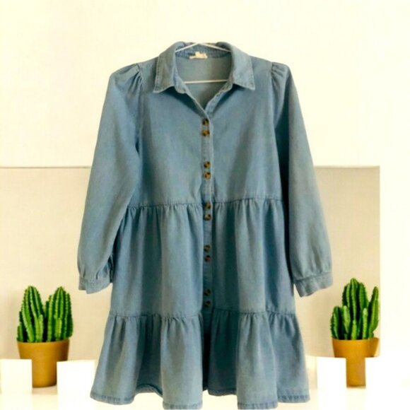 👛 (ANY 2/$35) AARON & AMBER Blue Denim Long Sleeved Tiered Dress - Picture 1 of 9